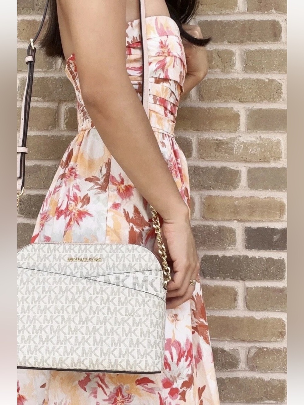 Michael Kors White Logo Pattern Dome Crossbody with Pink Strap
